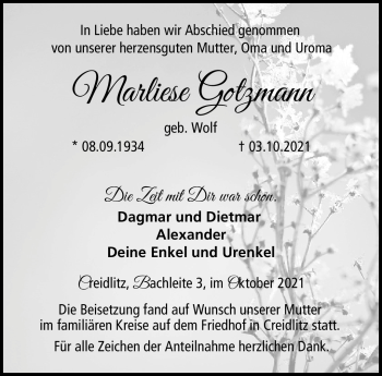 Traueranzeige von Marliese Gotzmann von Neue Presse Coburg