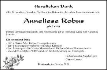 Traueranzeige von Anneliese Robus von Südthüringer Presse