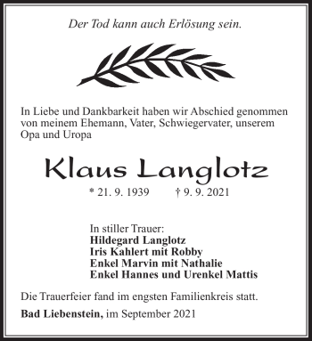Traueranzeige von Klaus Langlotz von Südthüringer Presse