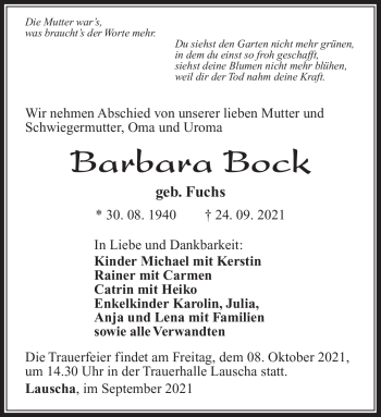Traueranzeige von Barbara Bock von Südthüringer Presse