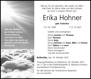 Traueranzeige von Erika Hohner von Neue Presse Coburg