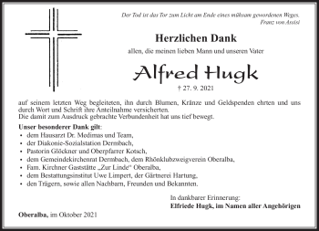 Traueranzeige von Alfred Hugk von Südthüringer Presse