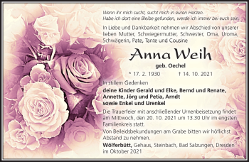Traueranzeige von Anna Weih von Südthüringer Presse