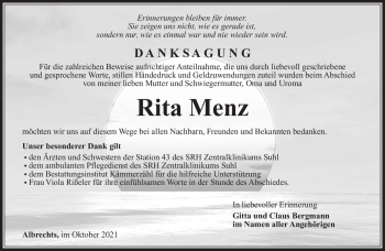 Traueranzeige von Rita Menz von Südthüringer Presse