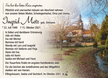 Traueranzeige von Ingrid Metz von Südthüringer Presse