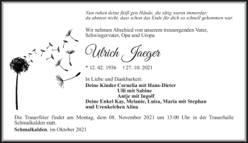 Traueranzeige von Ulrich Jäger von Südthüringer Presse