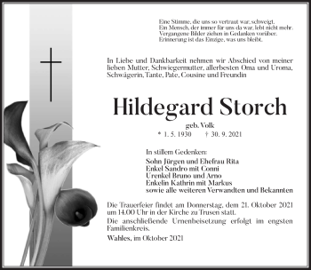 Traueranzeige von Hildegard Storch von Südthüringer Presse