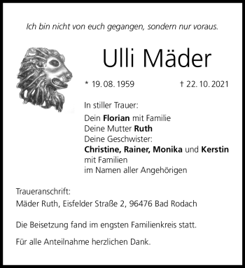Traueranzeige von Ulli Mäder von Neue Presse Coburg