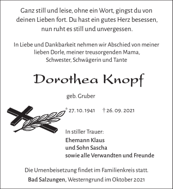 Traueranzeige von Dorothea Knopf von Südthüringer Presse