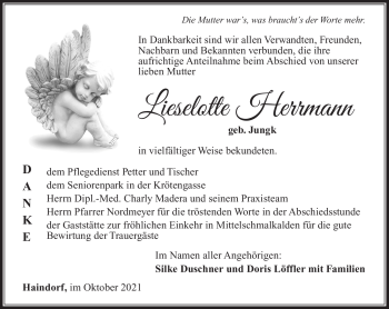 Traueranzeige von Lieselotte Herrmann von Südthüringer Presse