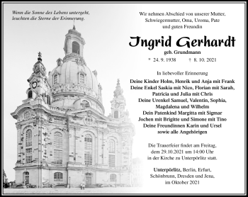 Traueranzeige von Ingrid Gerhardt von Südthüringer Presse
