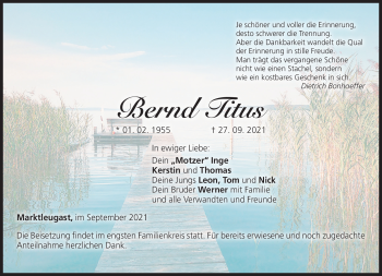 Traueranzeige von Bernd Titus von Frankenpost