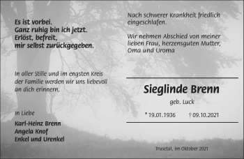Traueranzeige von Sieglinde Brenn von Südthüringer Presse