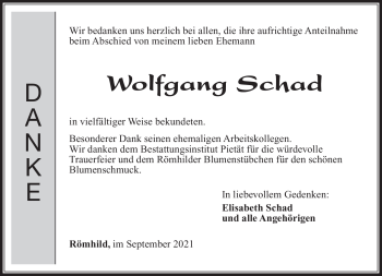 Traueranzeige von Wolfgang Schad von Südthüringer Presse