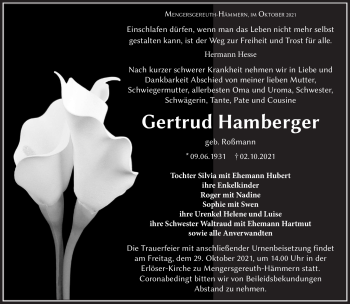Traueranzeige von Gertrud Hamberger von Südthüringer Presse