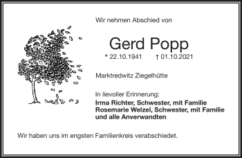 Traueranzeige von Gerd Popp von Frankenpost