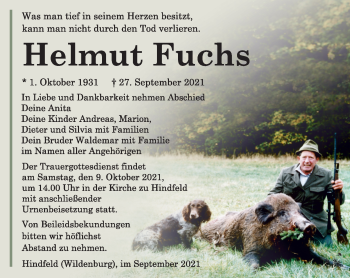 Traueranzeige von Helmut Fuchs von Südthüringer Presse