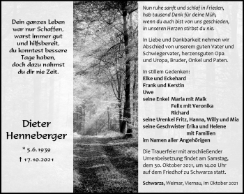 Traueranzeige von Dieter Henneberger von Südthüringer Presse