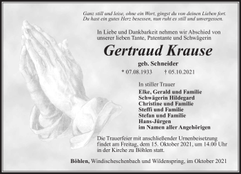 Traueranzeige von Gertraud Krause von Südthüringer Presse