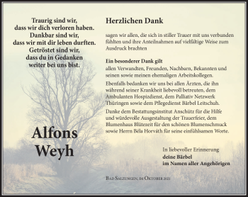 Traueranzeige von Alfons Weyh von Südthüringer Presse
