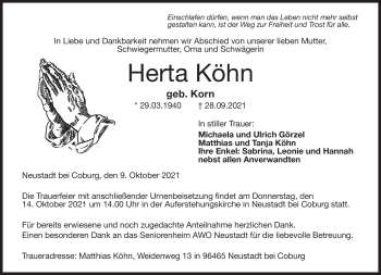 Traueranzeige von Herta Köhn von Neue Presse Coburg