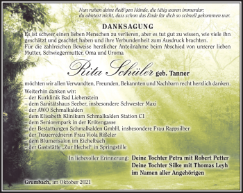 Traueranzeige von Rita Schüler von Südthüringer Presse