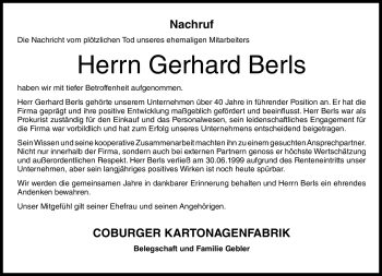 Traueranzeige von Gerhard Berls von Neue Presse Coburg