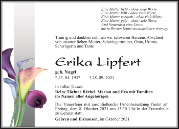 Traueranzeige von Erika Lipfert von Südthüringer Presse