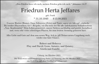 Traueranzeige von Friedrun Jeffares von Neue Presse Coburg