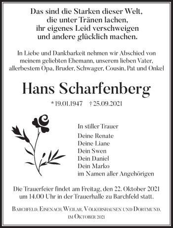 Traueranzeige von Hans Scharfenberg von Südthüringer Presse