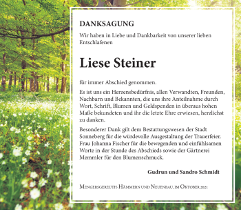Traueranzeige von Liese Steiner von Südthüringer Presse