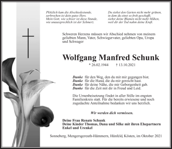 Traueranzeige von Wolfgang Manfred Schunk von Südthüringer Presse