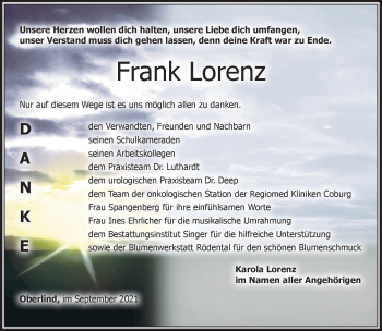 Traueranzeige von Frank Lorenz von Südthüringer Presse