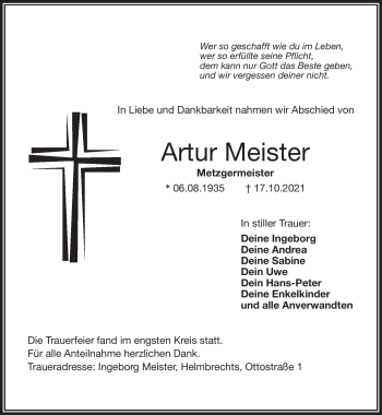 Traueranzeige von Artur Meister von Frankenpost
