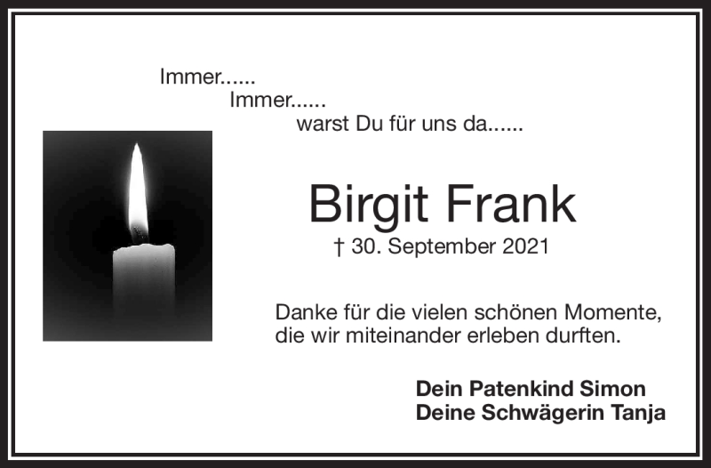  Traueranzeige für Birgit Frank vom 09.10.2021 aus Frankenpost