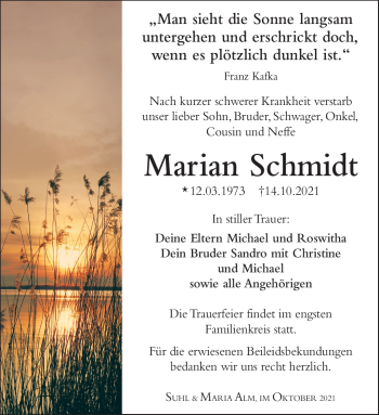 Traueranzeige von Marian Schmidt von Südthüringer Presse