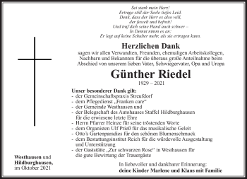 Traueranzeige von Günter Riedel von Südthüringer Presse