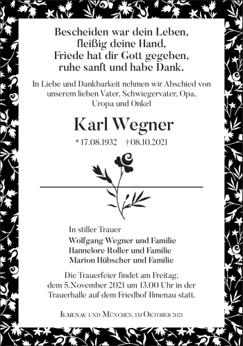 Traueranzeige von Karl Wegner von Südthüringer Presse