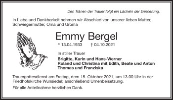 Traueranzeige von Emmy Bergel von Frankenpost