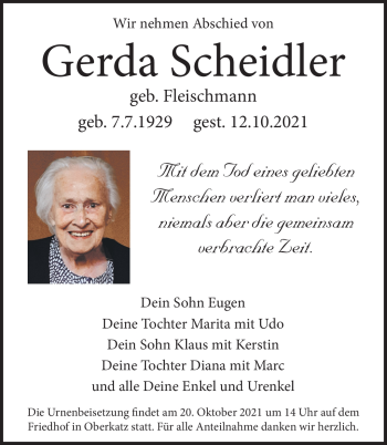 Traueranzeige von Gerda Scheidler von Südthüringer Presse