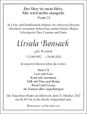 Traueranzeige von Ursula Bonsack von Südthüringer Presse