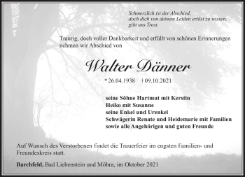 Traueranzeige von Walter Dänner von Südthüringer Presse