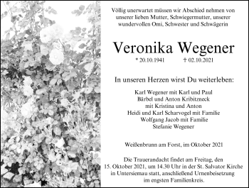 Traueranzeige von Veronika Wegener von Neue Presse Coburg