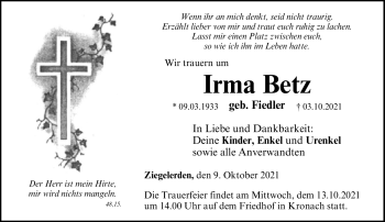 Traueranzeige von Irma Betz von Neue Presse Coburg
