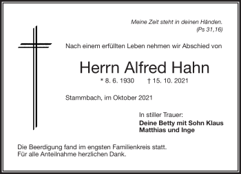 Traueranzeige von Alfred Hahn von Frankenpost