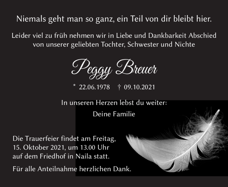  Traueranzeige für Peggy Breuer vom 13.10.2021 aus Frankenpost