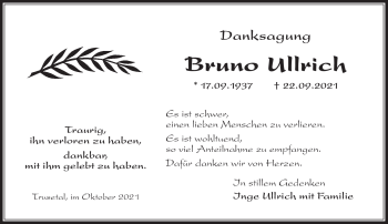 Traueranzeige von Bruno Ullrich von Südthüringer Presse