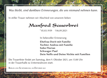Traueranzeige von Manfred Sauerbrei von Südthüringer Presse