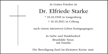 Traueranzeige von Elfriede Starke von Neue Presse Coburg