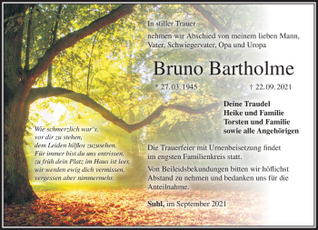 Traueranzeige von Bruno Bartholme von Südthüringer Presse